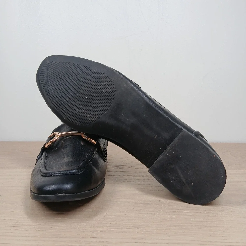 Steve Madden Loafers Women 9 Carrine Black Leather Gold Horsebit Flat Shoes